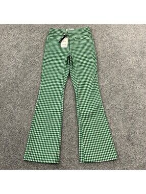 NWT MNG Green Gingham Flare Pants Women’s Checkered Wide Leg Y2K